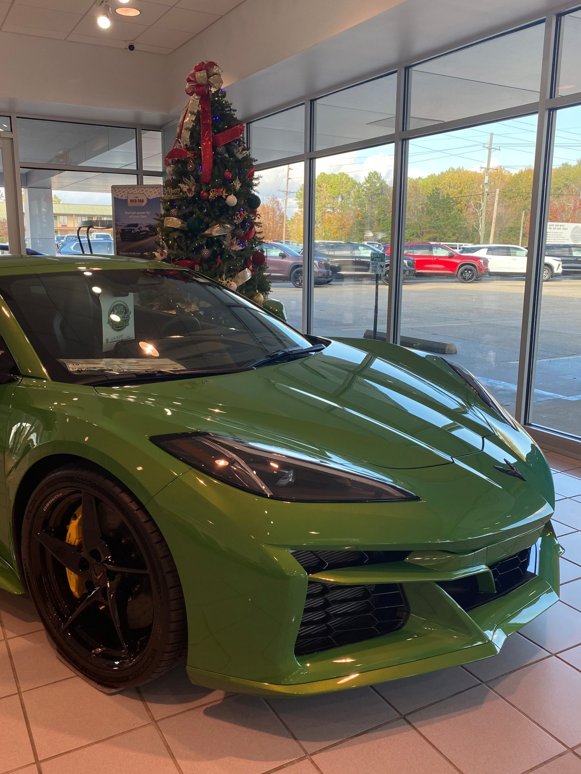 Green Corvette E-Ray with Christmas Tree